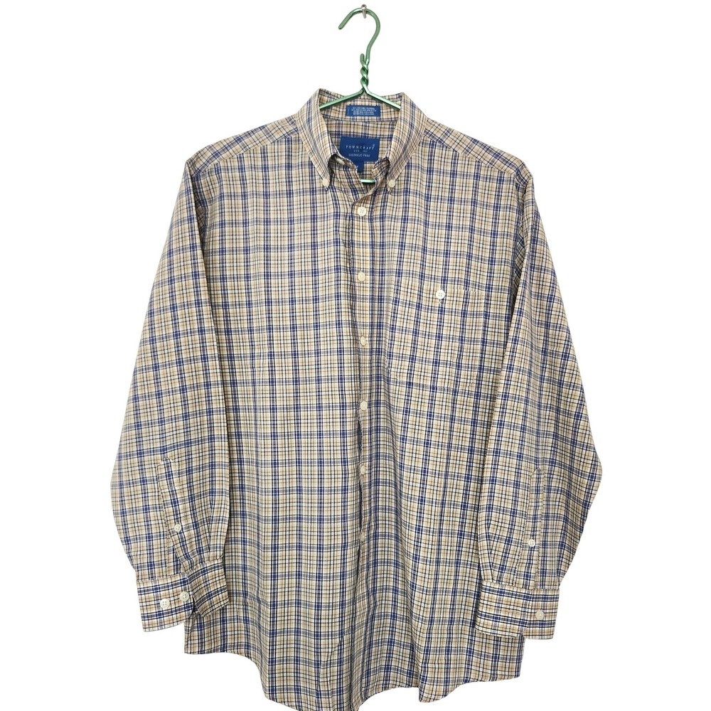 Towncraft Mens Plaid Button Down Shirt Blue Tan Wrinkle Free Long Sleeve Medium